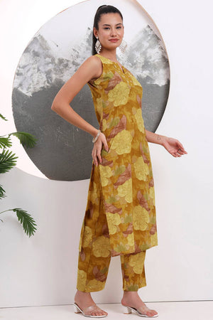 Mustard Floral Printed Cotton Straight Cut Suit Set