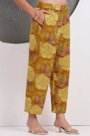 Mustard Floral Printed Cotton Straight Cut Suit Set