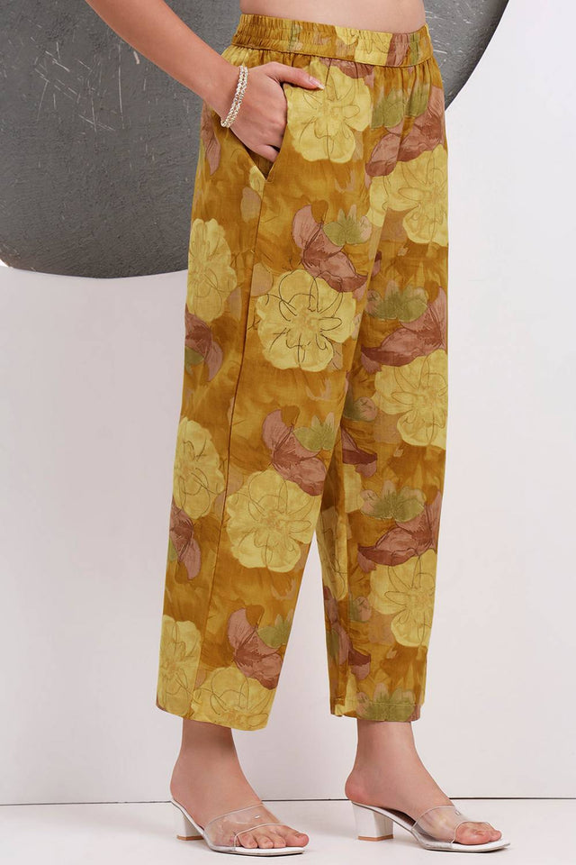 Mustard Floral Printed Cotton Straight Cut Suit Set