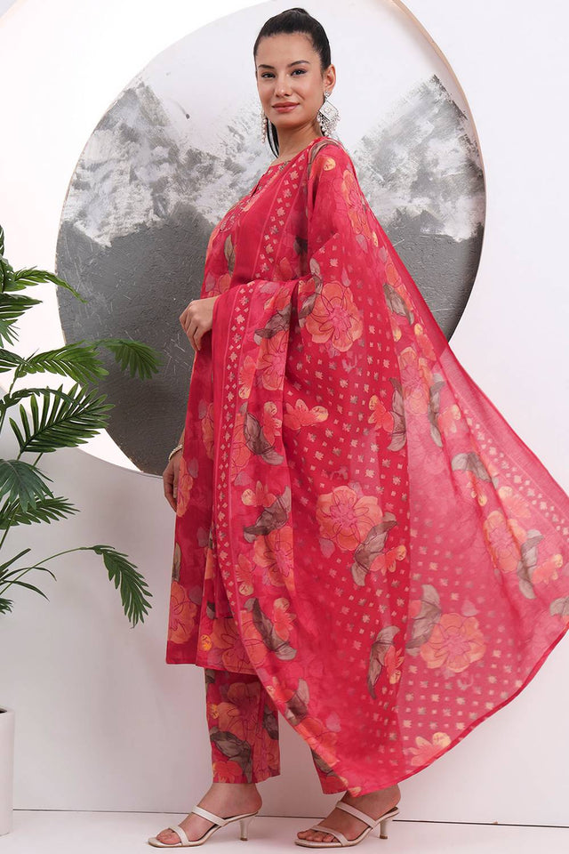 Red Floral Printed Cotton Straight Cut Suit Set