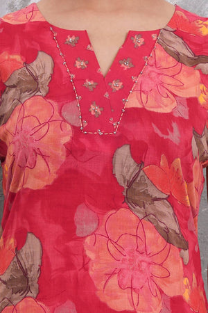 Red Floral Printed Cotton Straight Cut Suit Set