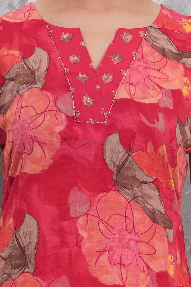 Red Floral Printed Cotton Straight Cut Suit Set