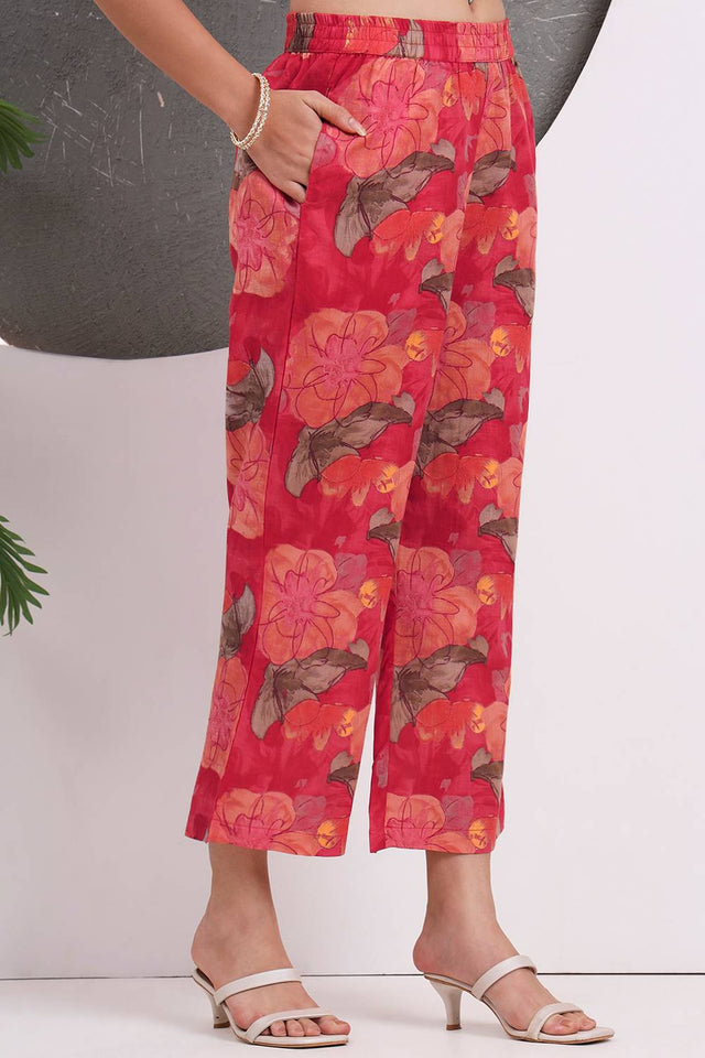 Red Floral Printed Cotton Straight Cut Suit Set