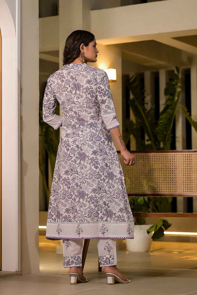 Violet Floral Print Embroidered Pure Cotton Kurti Pant Set