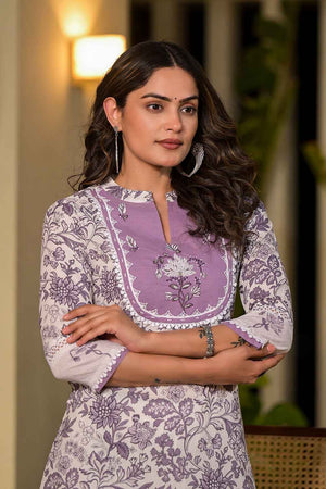 Violet Floral Print Embroidered Pure Cotton Kurti Pant Set