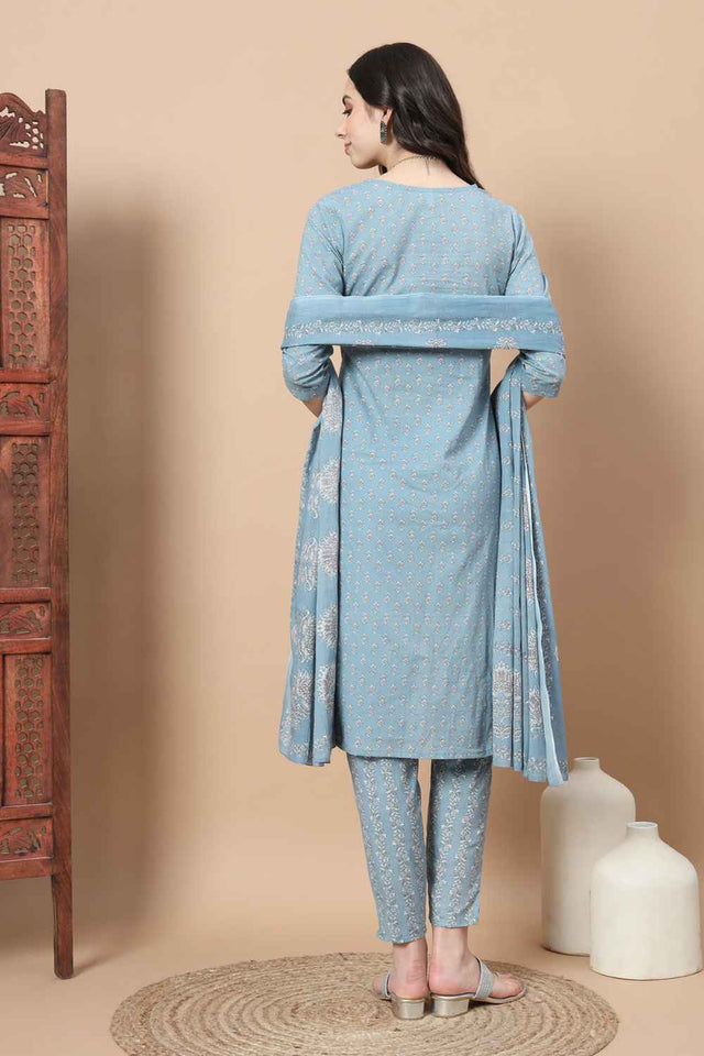 Blue Ethnic Motifs Thread Work Pure Cotton Kurti Pant Set