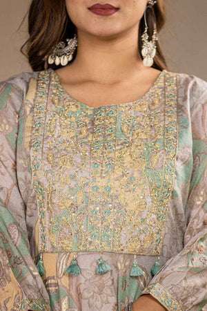 Green Floral Print Zari Work Pure Cotton Kurti Pant Set