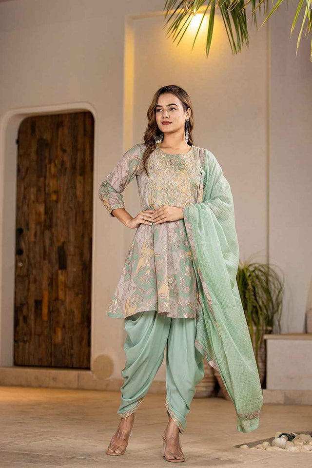 Green Floral Print Zari Work Pure Cotton Kurti Pant Set