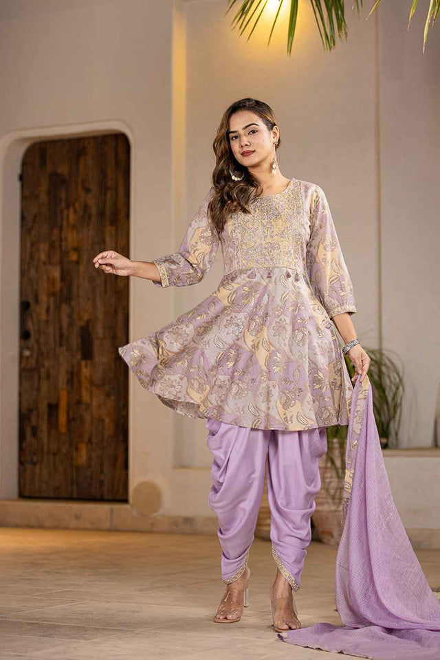 Violet Floral Print Zari Work Pure Cotton Kurti Pant Set