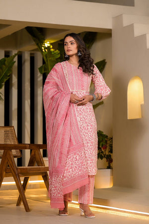 Pink Printed Cotton Straight Cut Suit Set