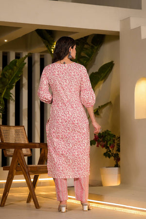 Pink Printed Cotton Straight Cut Suit Set