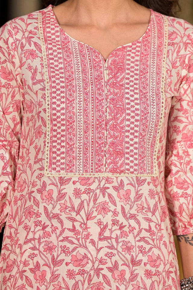 Pink Printed Cotton Straight Cut Suit Set