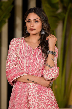 Pink Printed Cotton Straight Cut Suit Set