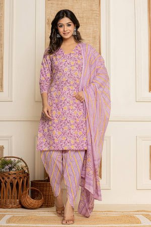 Lavender Floral Printed Cotton Punjabi Suit Set