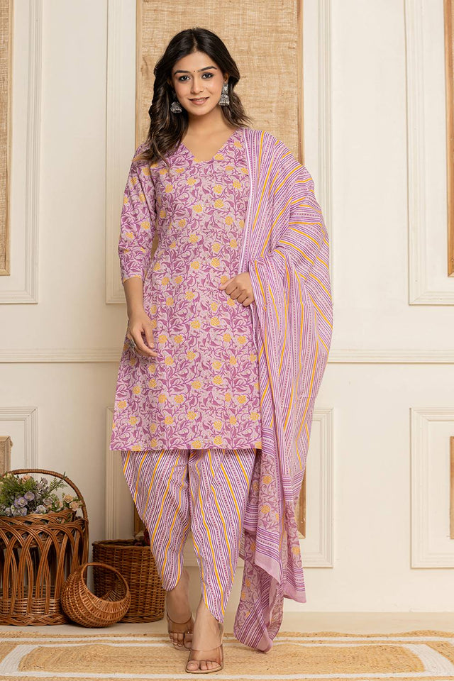 Lavender Floral Printed Cotton Punjabi Suit Set