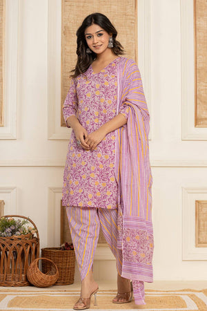 Lavender Floral Printed Cotton Punjabi Suit Set