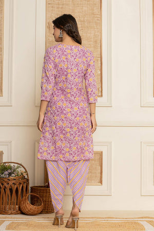 Lavender Floral Printed Cotton Punjabi Suit Set