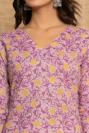 Lavender Floral Printed Cotton Punjabi Suit Set