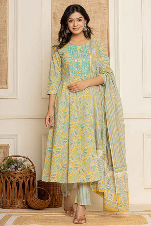 Yellow Paisley Print Thread Work Pure Cotton Kurti Pant Set