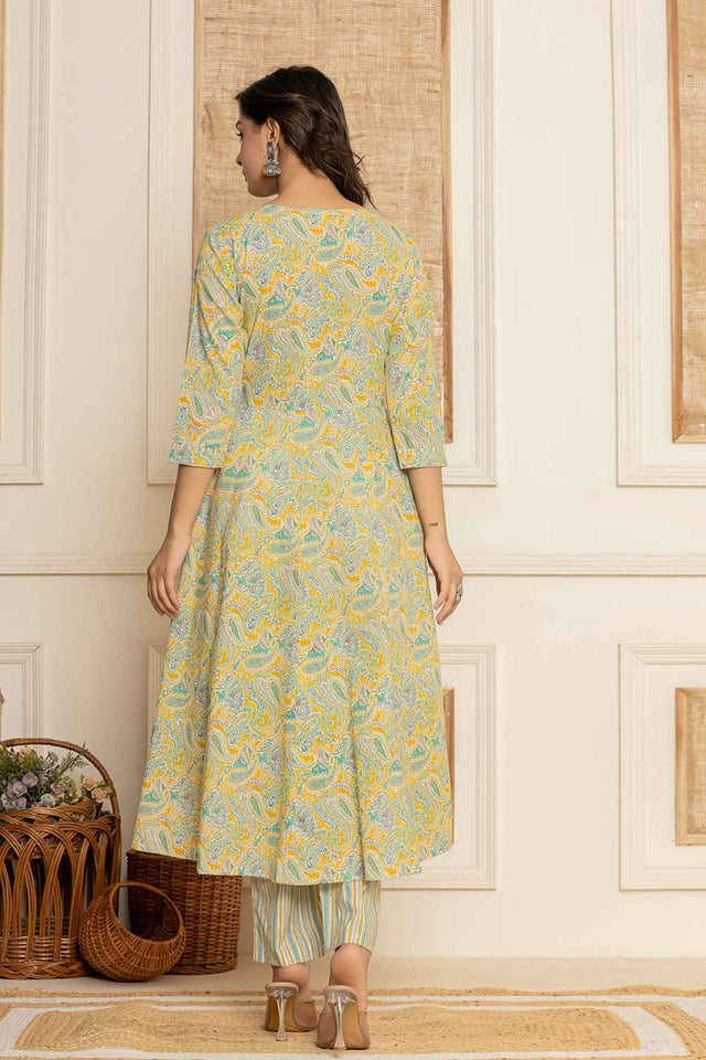 Yellow Paisley Print Thread Work Pure Cotton Kurti Pant Set