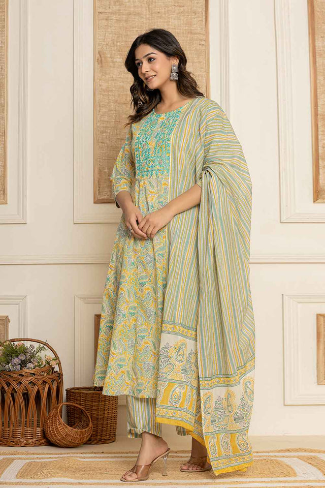 Yellow Paisley Print Thread Work Pure Cotton Kurti Pant Set