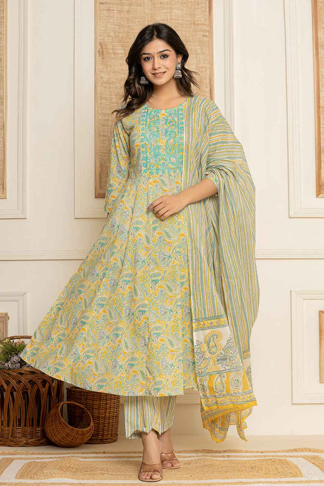 Yellow Paisley Print Thread Work Pure Cotton Kurti Pant Set