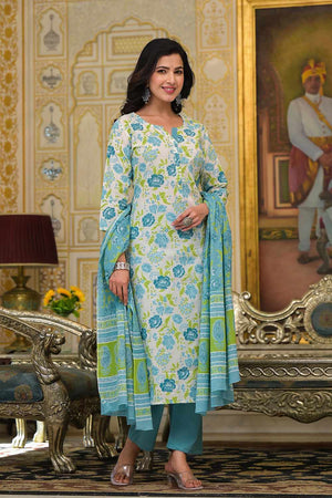 White Floral Print Cotton Kurti Pant Set