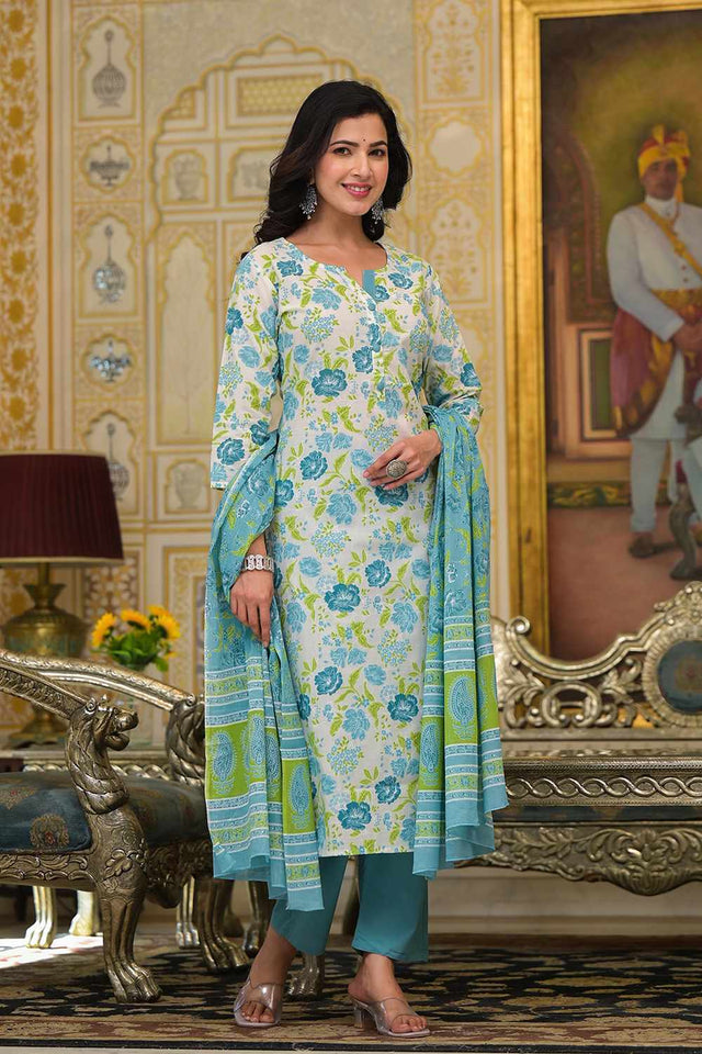 White Floral Print Cotton Kurti Pant Set