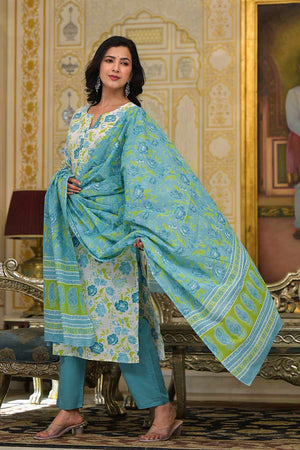 White Floral Print Cotton Kurti Pant Set