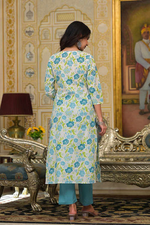 White Floral Print Cotton Kurti Pant Set