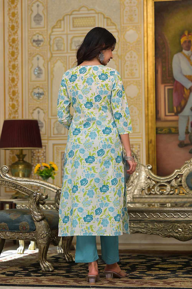 White Floral Print Cotton Kurti Pant Set