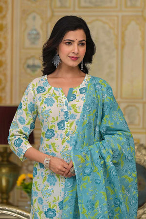 White Floral Print Cotton Kurti Pant Set