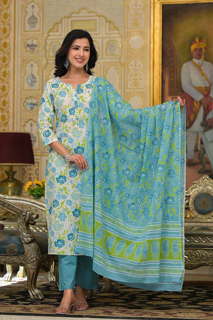 White Floral Print Cotton Kurti Pant Set