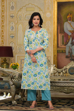 White Floral Print Cotton Kurti Pant Set