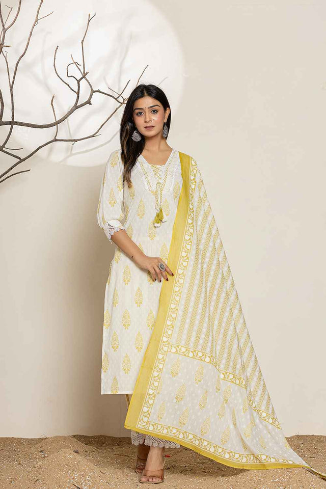 White Floral Printed Cotton Kurti Pant Set