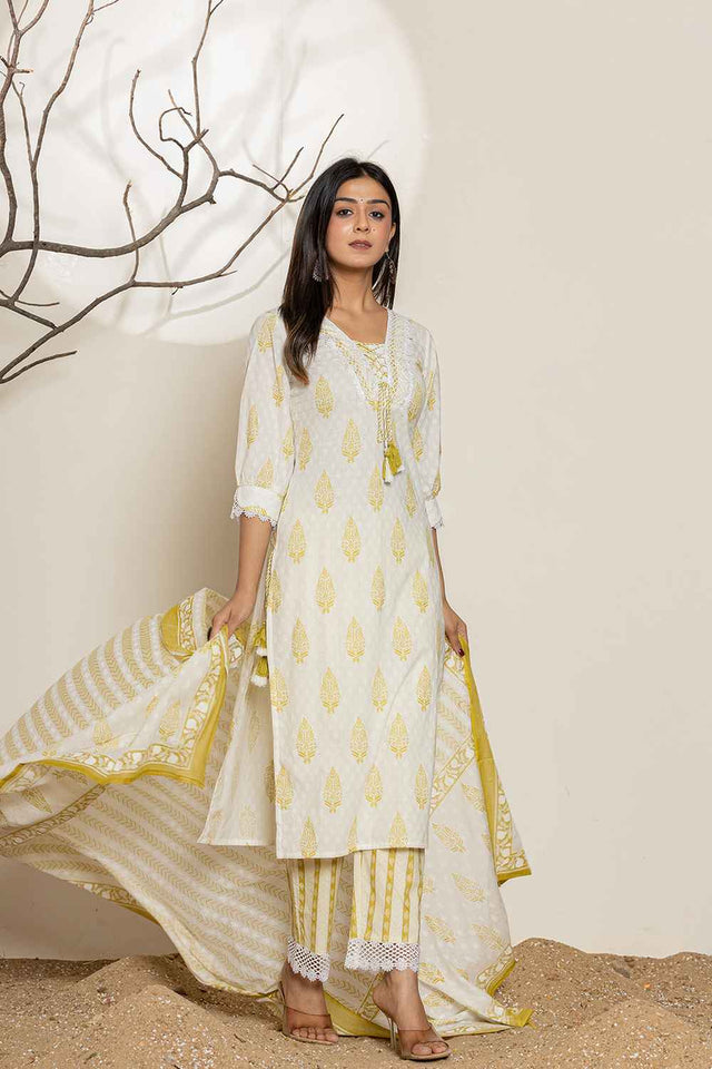 White Floral Printed Cotton Kurti Pant Set