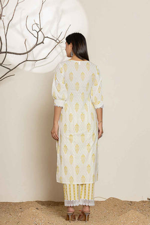 White Floral Printed Cotton Kurti Pant Set