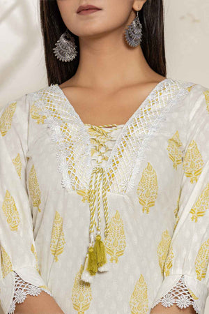 White Floral Printed Cotton Kurti Pant Set