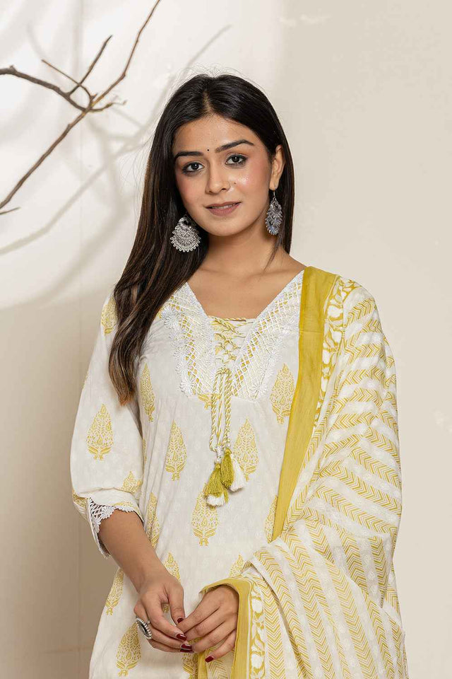 White Floral Printed Cotton Kurti Pant Set