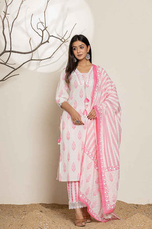 White Floral Printed Cotton Kurti Pant Set