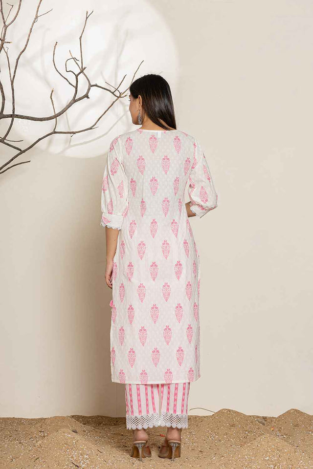 White Floral Printed Cotton Kurti Pant Set