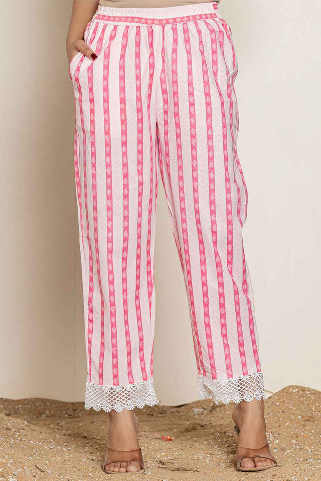 White Floral Printed Cotton Kurti Pant Set