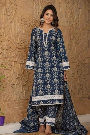 Blue Floral Print Lace Work Pure Cotton Kurti Pant Set
