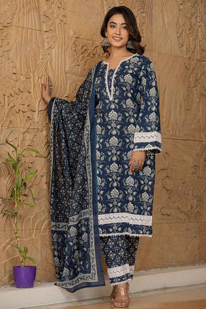 Blue Floral Print Lace Work Pure Cotton Kurti Pant Set
