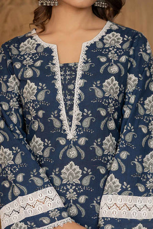 Blue Floral Print Lace Work Pure Cotton Kurti Pant Set