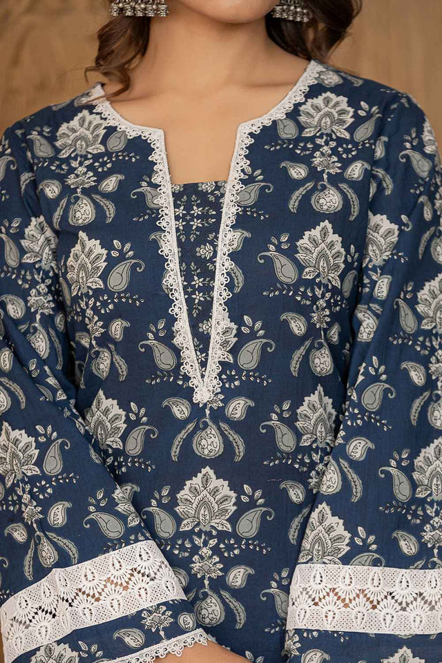 Blue Floral Print Lace Work Pure Cotton Kurti Pant Set