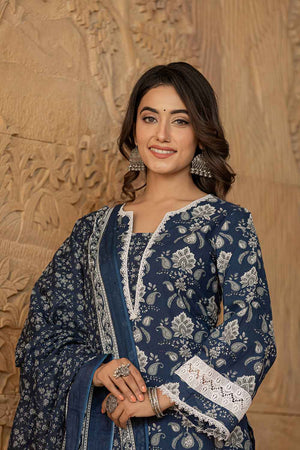 Blue Floral Print Lace Work Pure Cotton Kurti Pant Set