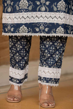 Blue Floral Print Lace Work Pure Cotton Kurti Pant Set