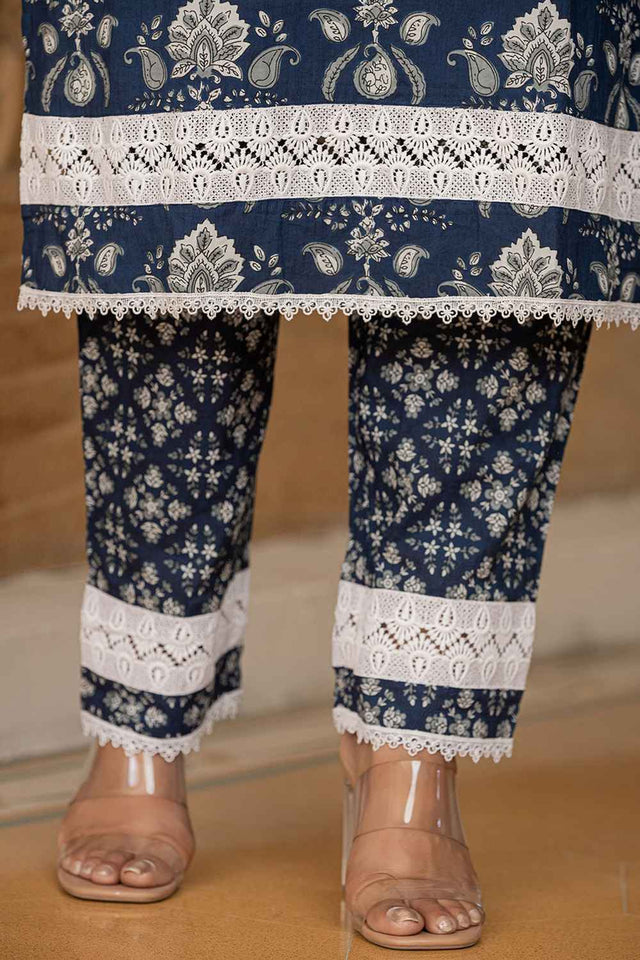 Blue Floral Print Lace Work Pure Cotton Kurti Pant Set