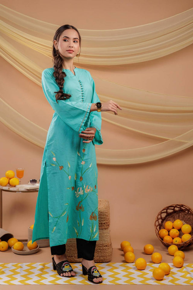 Sea Green Floral Printed  Cotton Straight Kurti